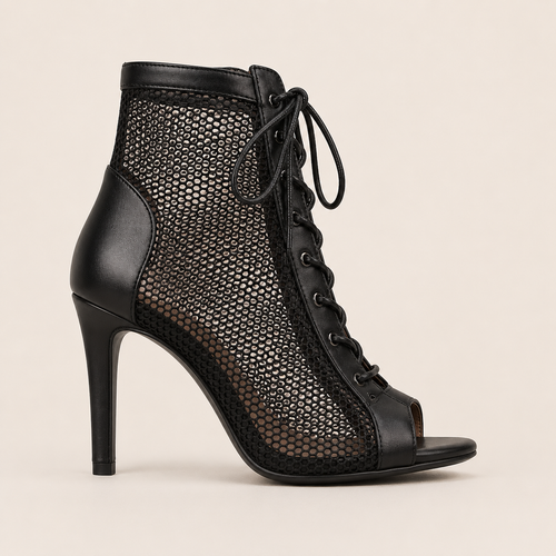Chaussures de danse à talons en résille avec bout ouvert et lacets, vue principale sur fond studio clair.