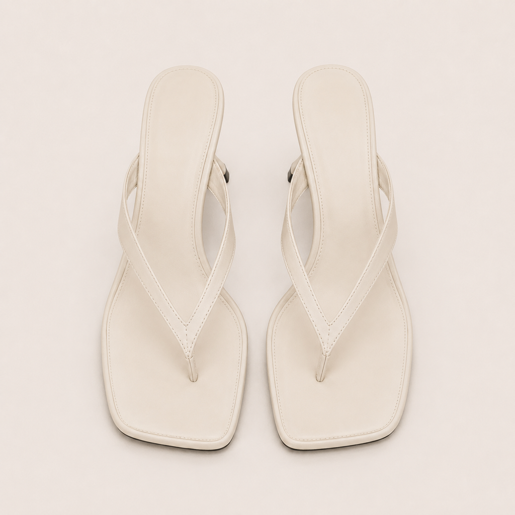 Kitten heels blanches à bout carré vues de dessus, design épuré et féminin.
